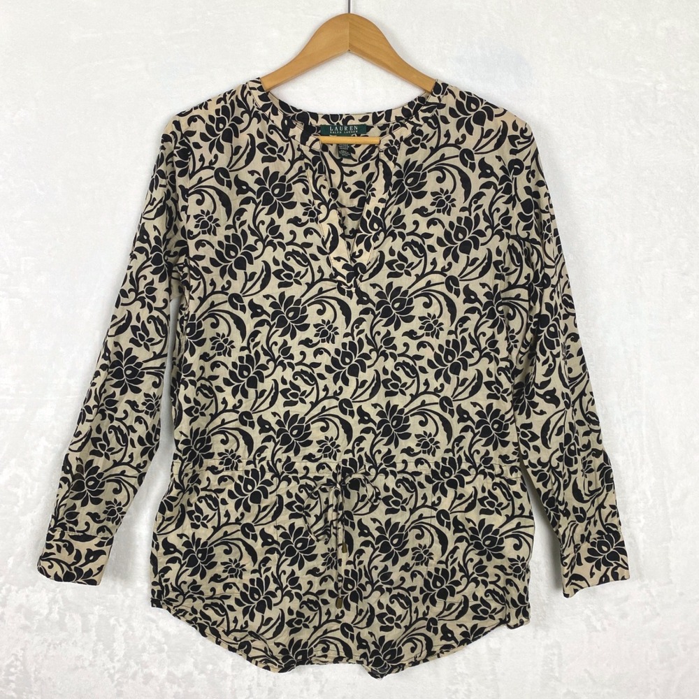 Lauren Ralph Lauren Womens Cotton Black‎ Floral Print Long Sleeve Blouse Med